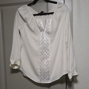White House Black Market Ivory Blouse with Metallic Details